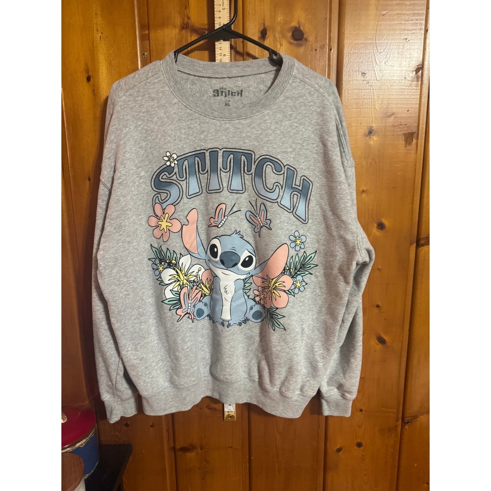 Disney Lilo & Stitch Heather Gray Graphic Sweatshirt XL Floral Stitch Pullover
